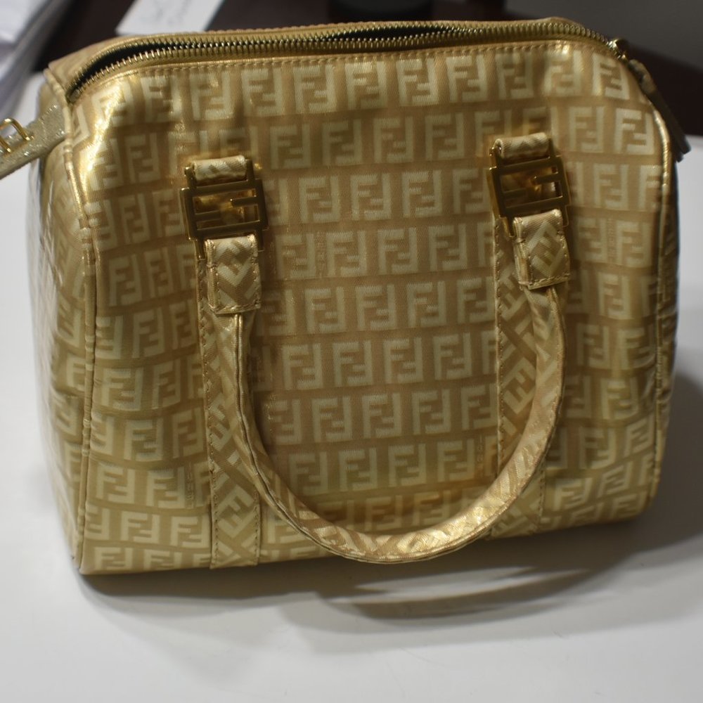 FENDI Tan/Gold Monogram Boston Logo Satchel Hand Bag w/ Dust Bag EUC